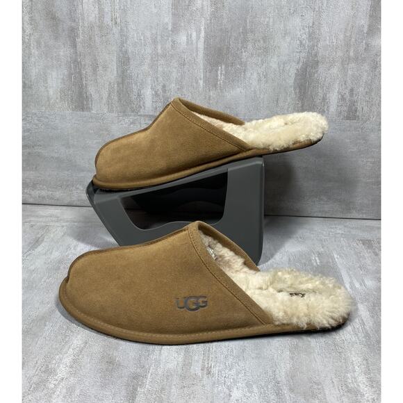 UGG Scuff Slippers Mens Size 13 Chestnut Suede Sheepskin Shearling Lined Slip On - Picture 3 of 9